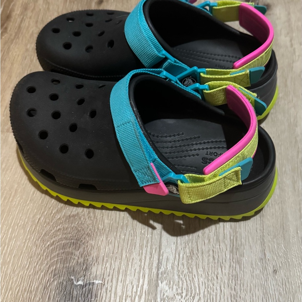 CROCS Black and Teal Sandals with Neon Accents